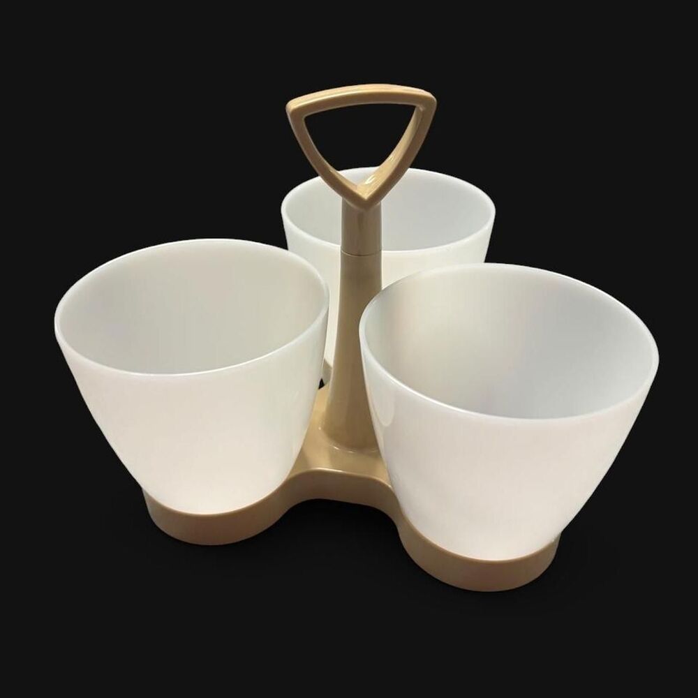 Retro 70s Tupperware Trio Bowl Caddy 757 • Almond Tan Picnic Relish Server